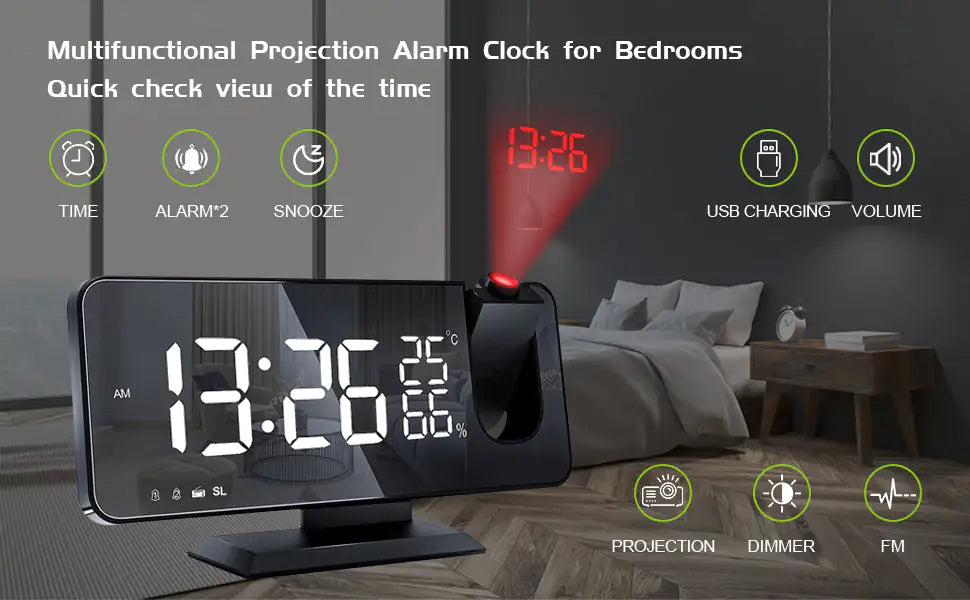 LED Projection Alarm Clock & Phone Charger with USB Port
