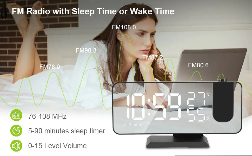 LED Projection Alarm Clock & Phone Charger with USB Port