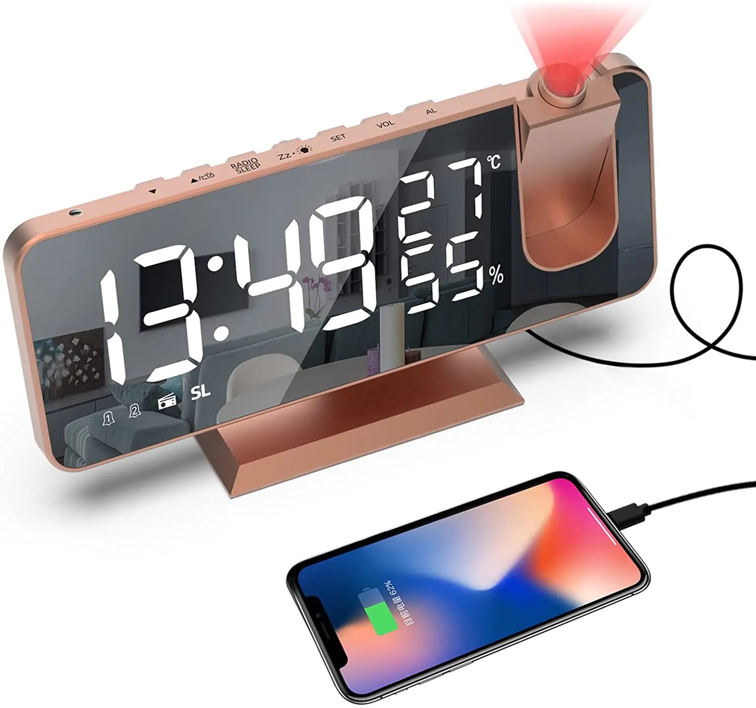 LED Projection Alarm Clock & Phone Charger with USB Port