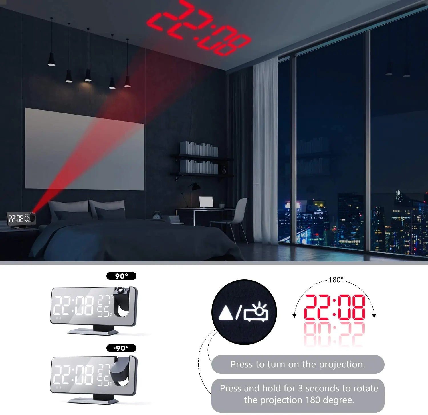 LED Projection Alarm Clock & Phone Charger with USB Port