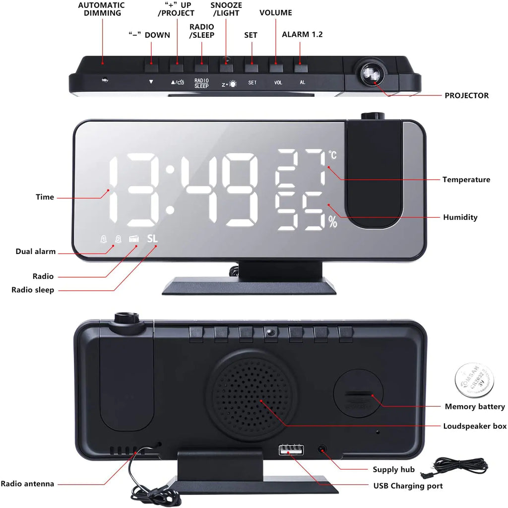 LED Projection Alarm Clock & Phone Charger with USB Port