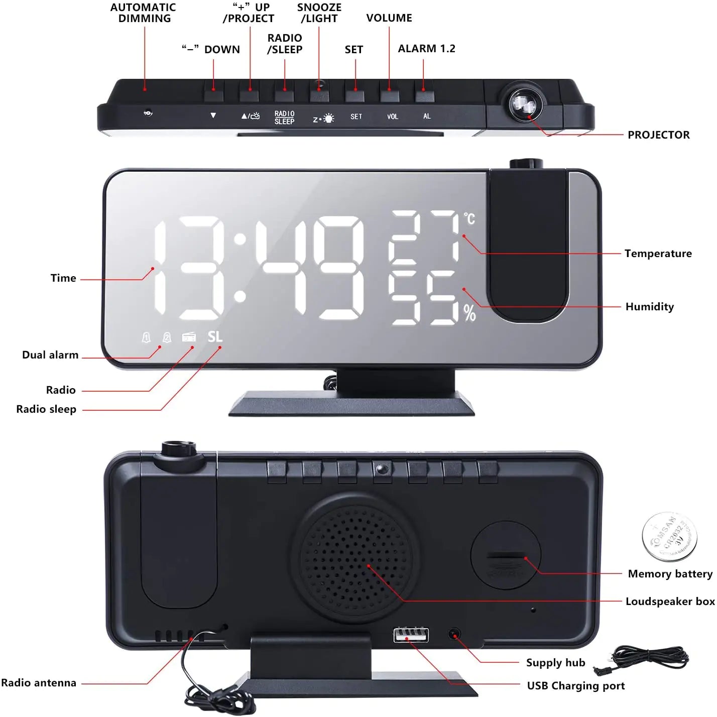LED Projection Alarm Clock & Phone Charger with USB Port