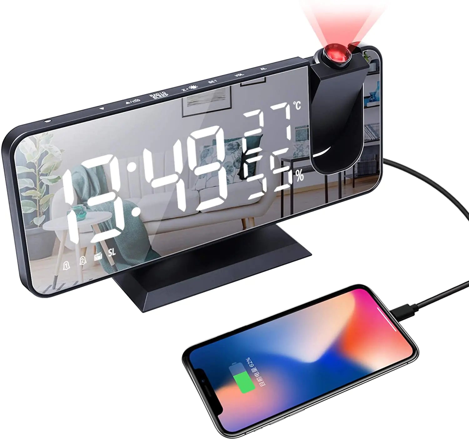 LED Projection Alarm Clock & Phone Charger with USB Port