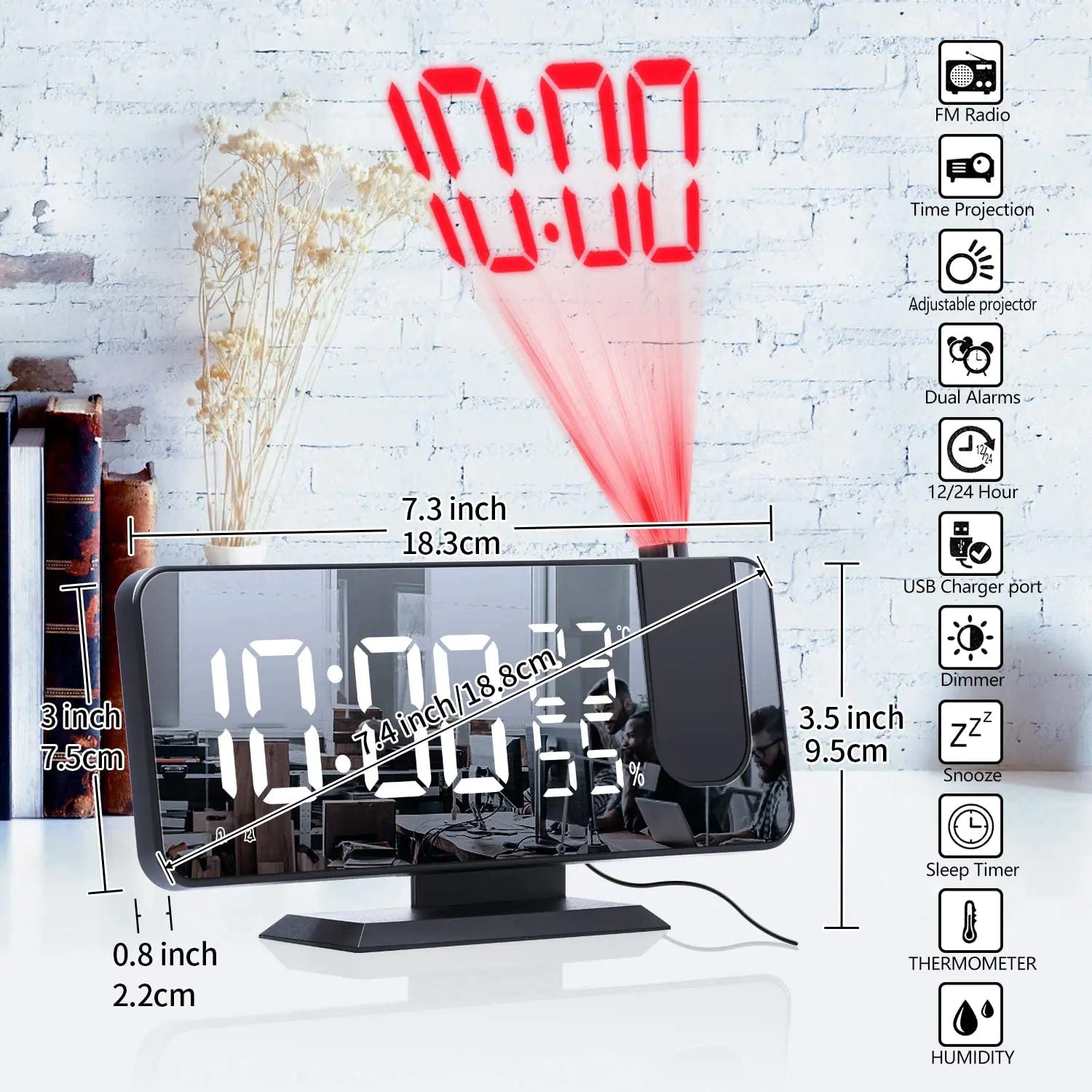 LED Projection Alarm Clock & Phone Charger with USB Port