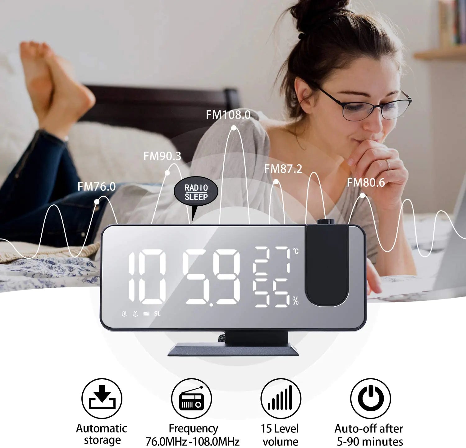 LED Projection Alarm Clock & Phone Charger with USB Port